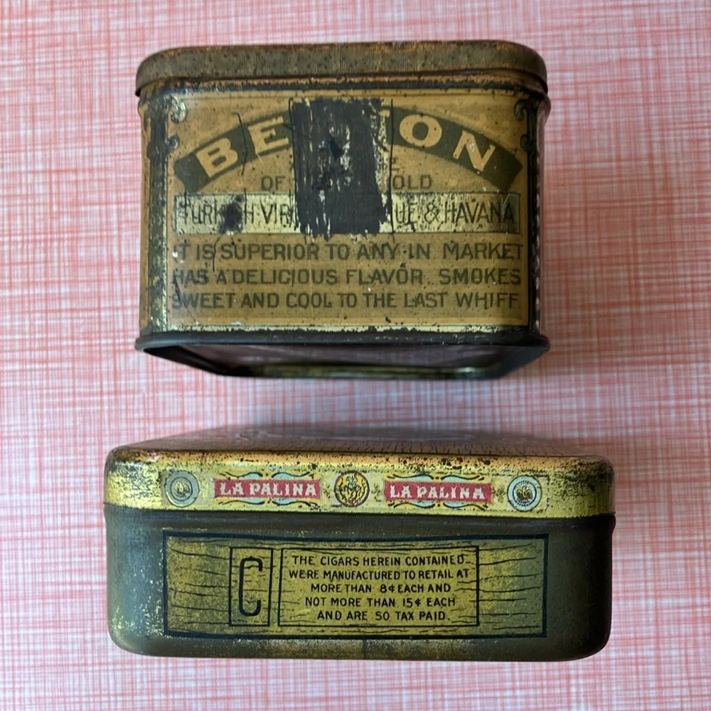 Set of two vintage antique metal cigar tobacco boxes tins advertising tobacciana